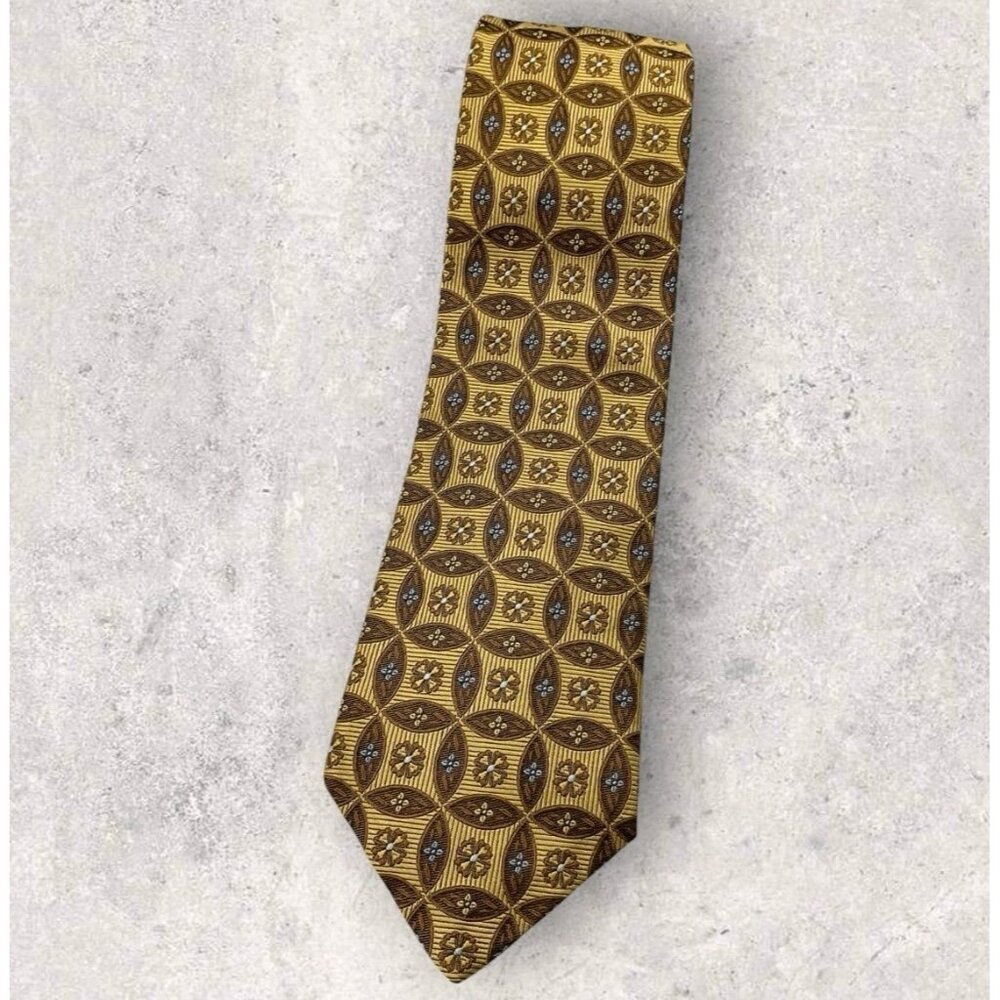 ROBERT TALBOTT Silk Tie USA Brown Gold Geometric W:3.8" EUC